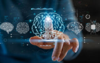 Finger touching a futuristic brain image