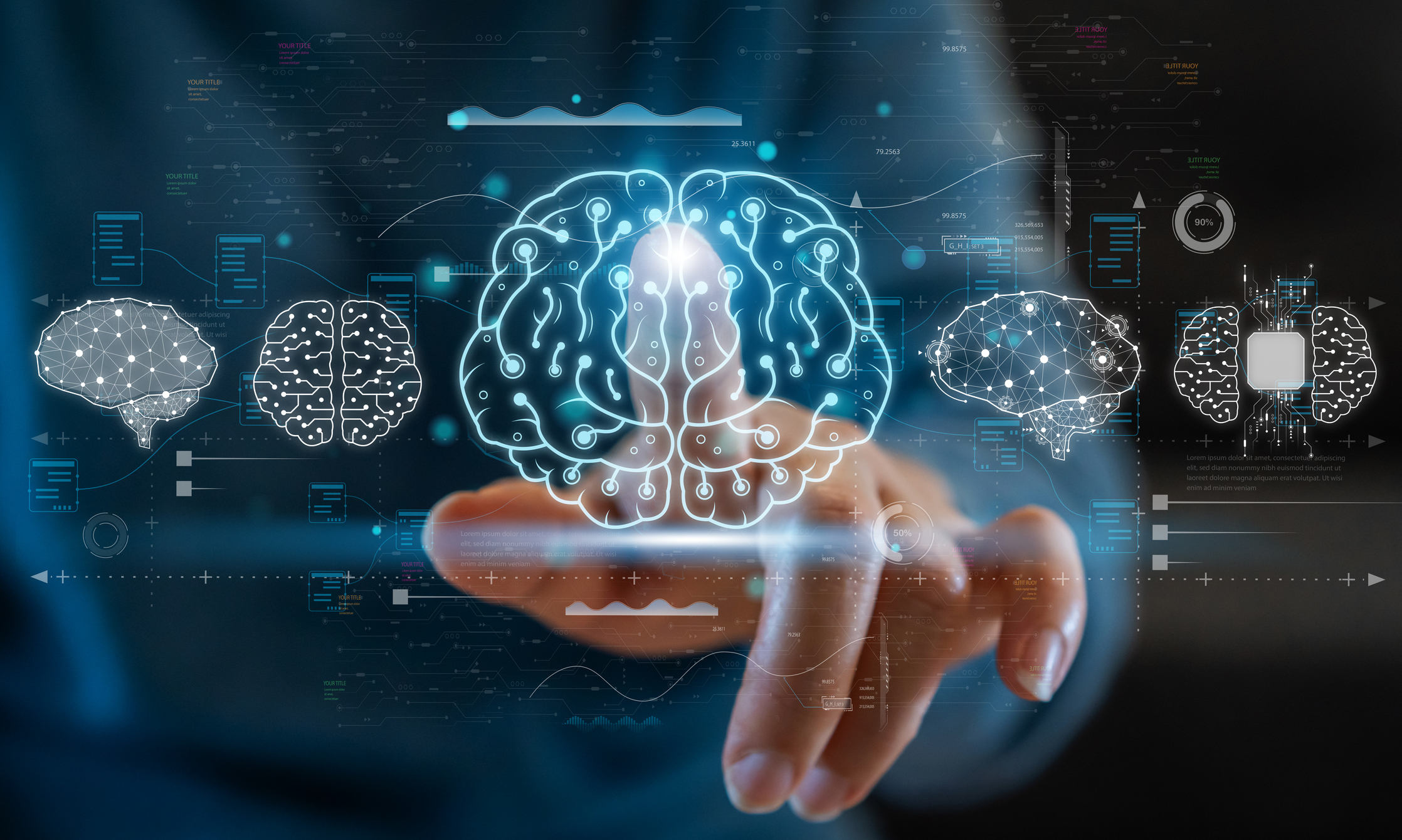 Finger touching a futuristic brain image