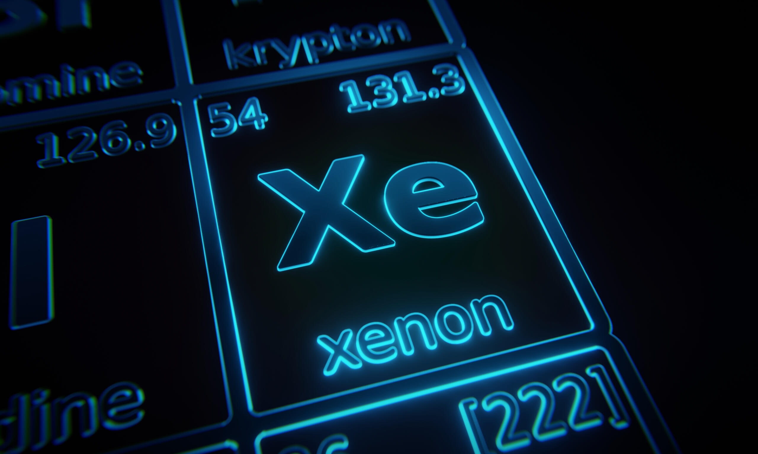 Focus on chemical element Xenon illuminated in periodic table of elements. 3D rendering