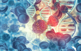 Cancer cells on dna stand background. 3d illustration