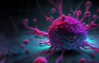 Tumor microenvironment concept with cancer cells, T-Cells, nanoparticles, cancer associated fibroblast layer of tumor microenvironment normal cells, molecules, and blood vessels