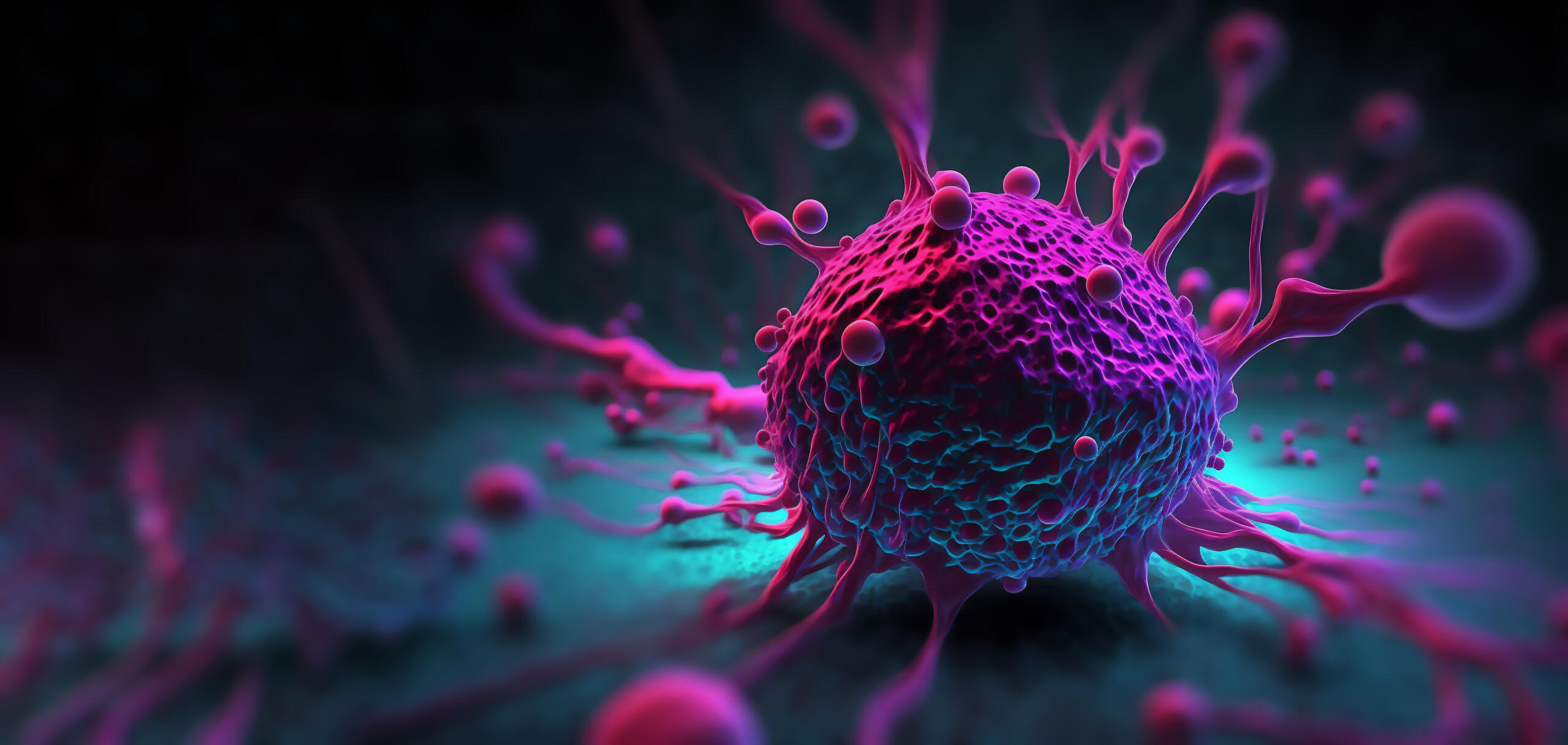 Tumor microenvironment concept with cancer cells, T-Cells, nanoparticles, cancer associated fibroblast layer of tumor microenvironment normal cells, molecules, and blood vessels